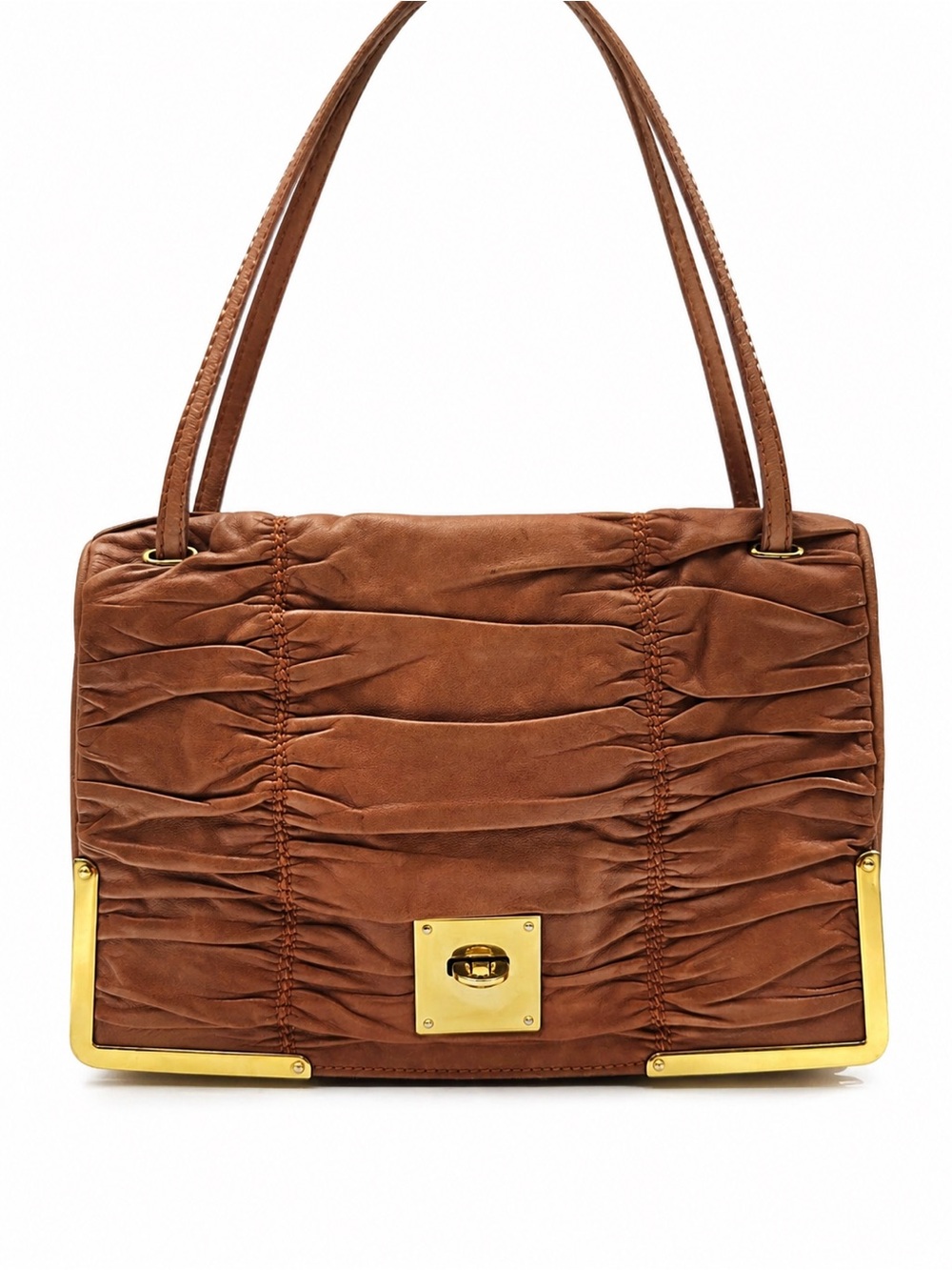 Bally Brown Ruched Leather Shoulder Bag with Gold Accents